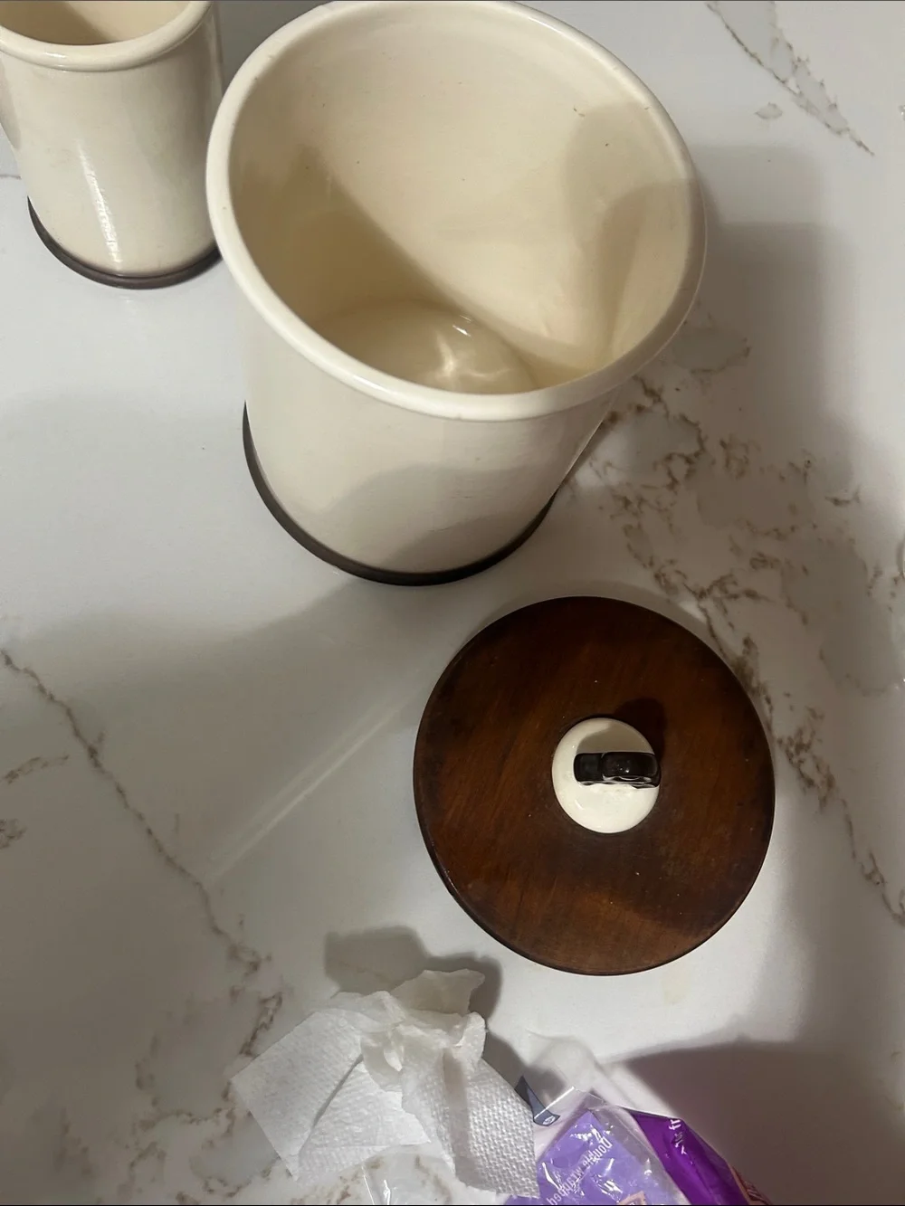 Vintage Metlox Poppytrail Cream Ceramic Tea & Sugar Canister Set with Brown Lids
